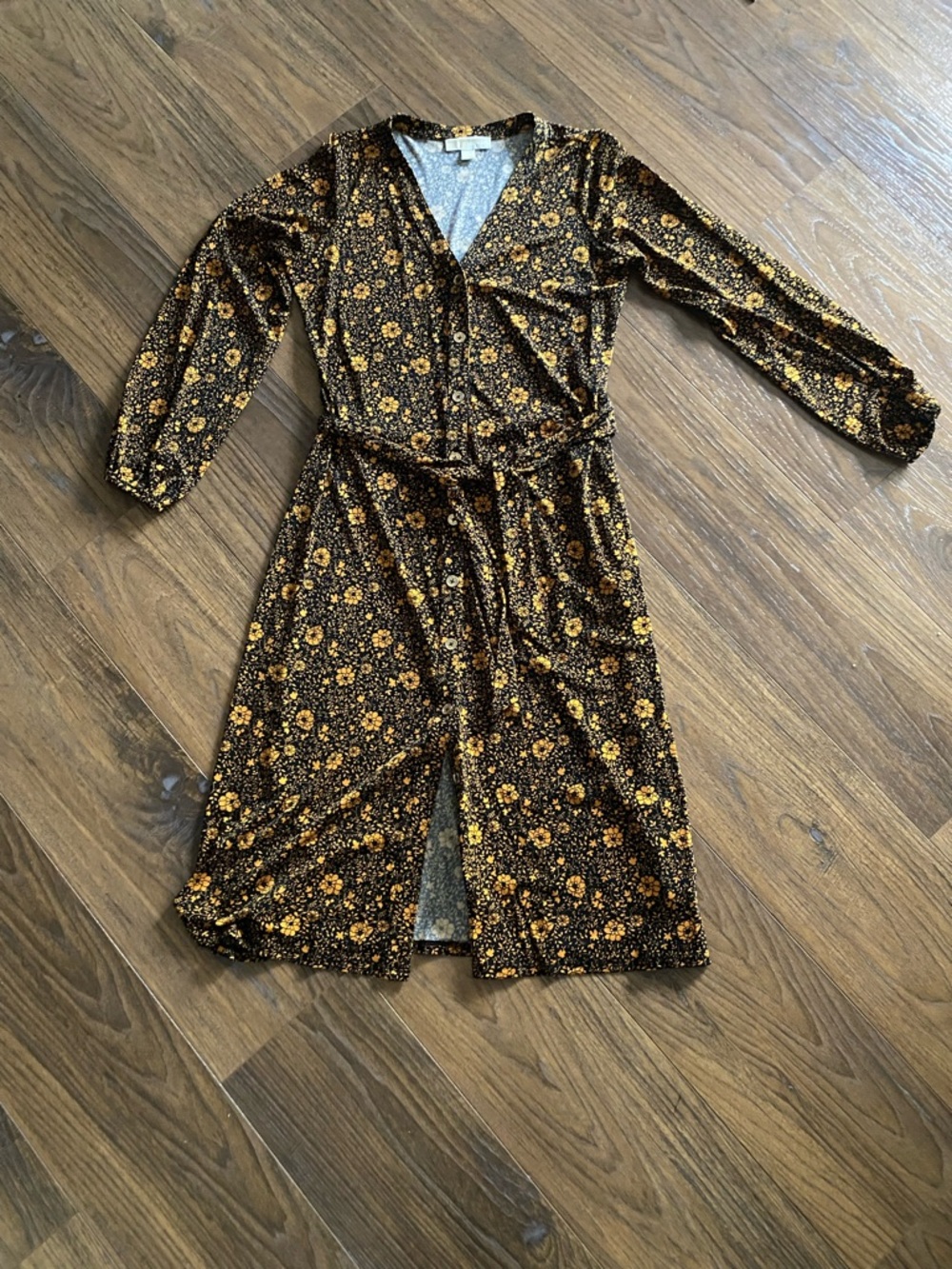 Michael Kors Brown and Mustard Floral Velvet Wrap Dress